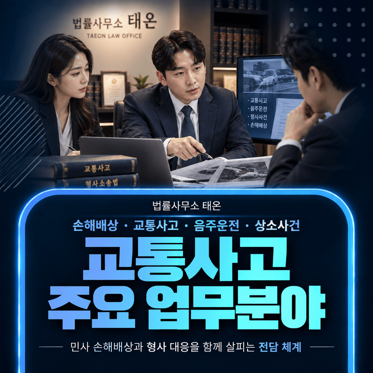 법률사무소 태온 변호사 두 명이 의뢰인과 교통사고 현장 사진을 검토하는 모습과 ‘교통사고 주요 업무분야’ 안내 문구